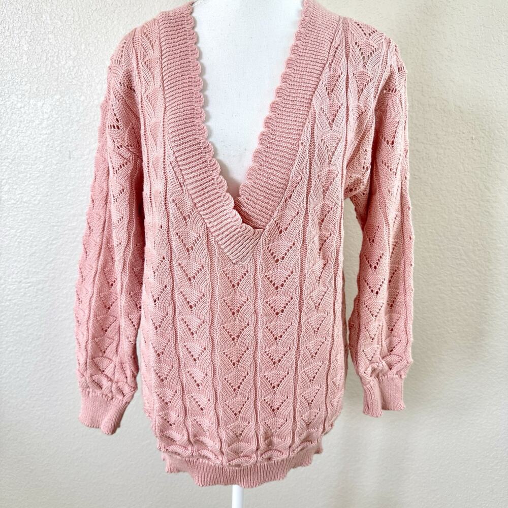 Ellen D Pink Pointelle Knit Sweater Womens Large Cottagecore USA Vintage Acrylic